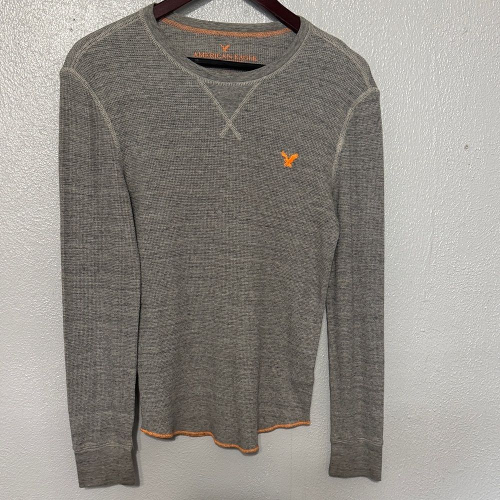 American Eagle Outfitters Gray Waffle Knit Thermal Long Sleeve Classic Fit Shirt